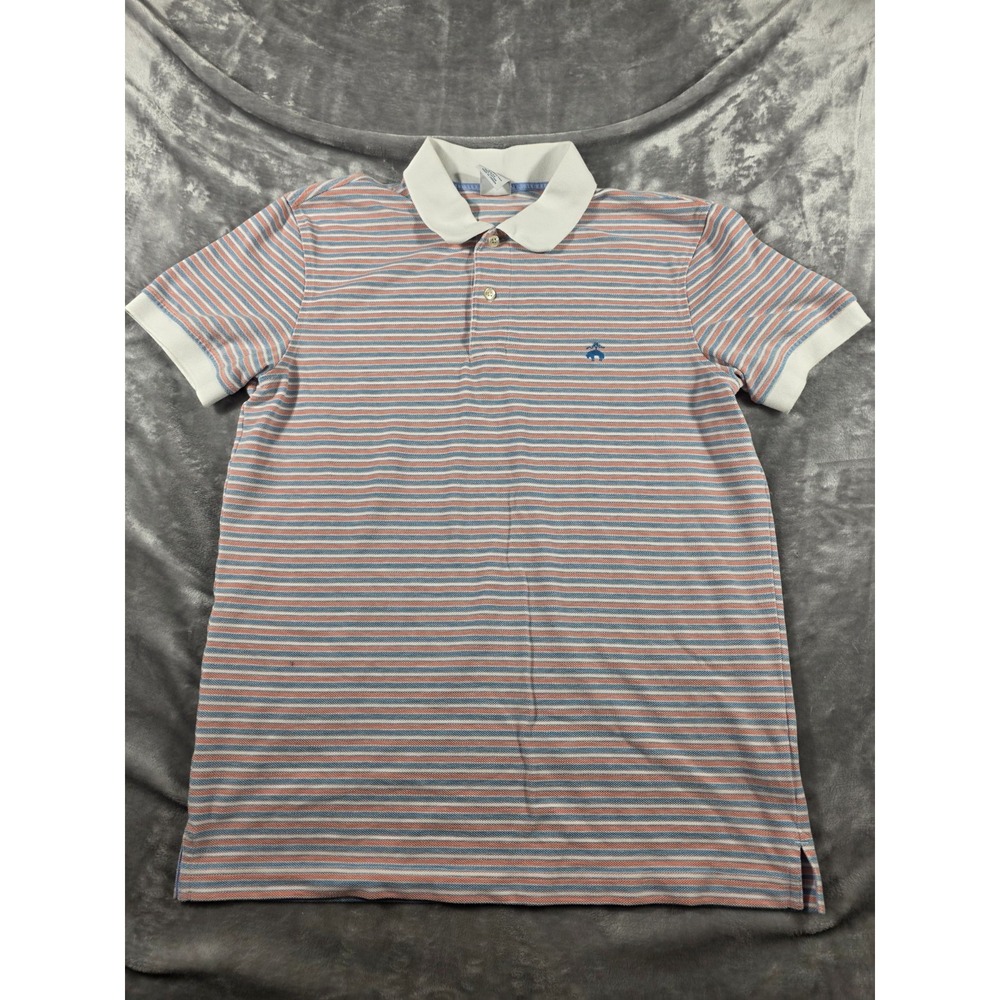 Brooks Brothers Performance Polo Shirt Mens Medium Slim Fit Blue/Salmon Striped